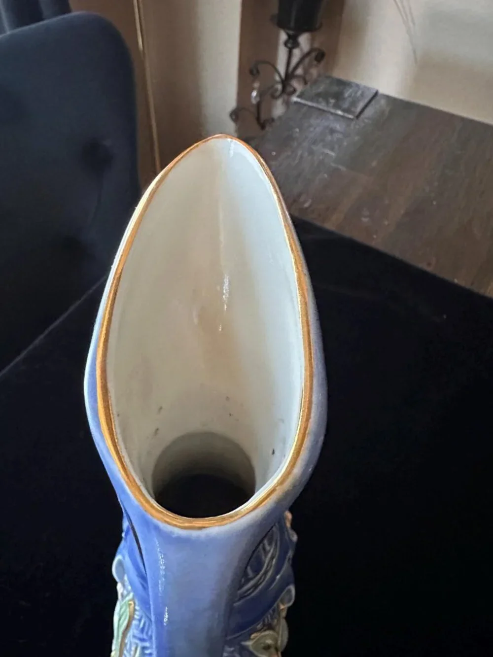 Vintage Empty Blue Gold Floral Ceramic Bottle Vanity Display Vase